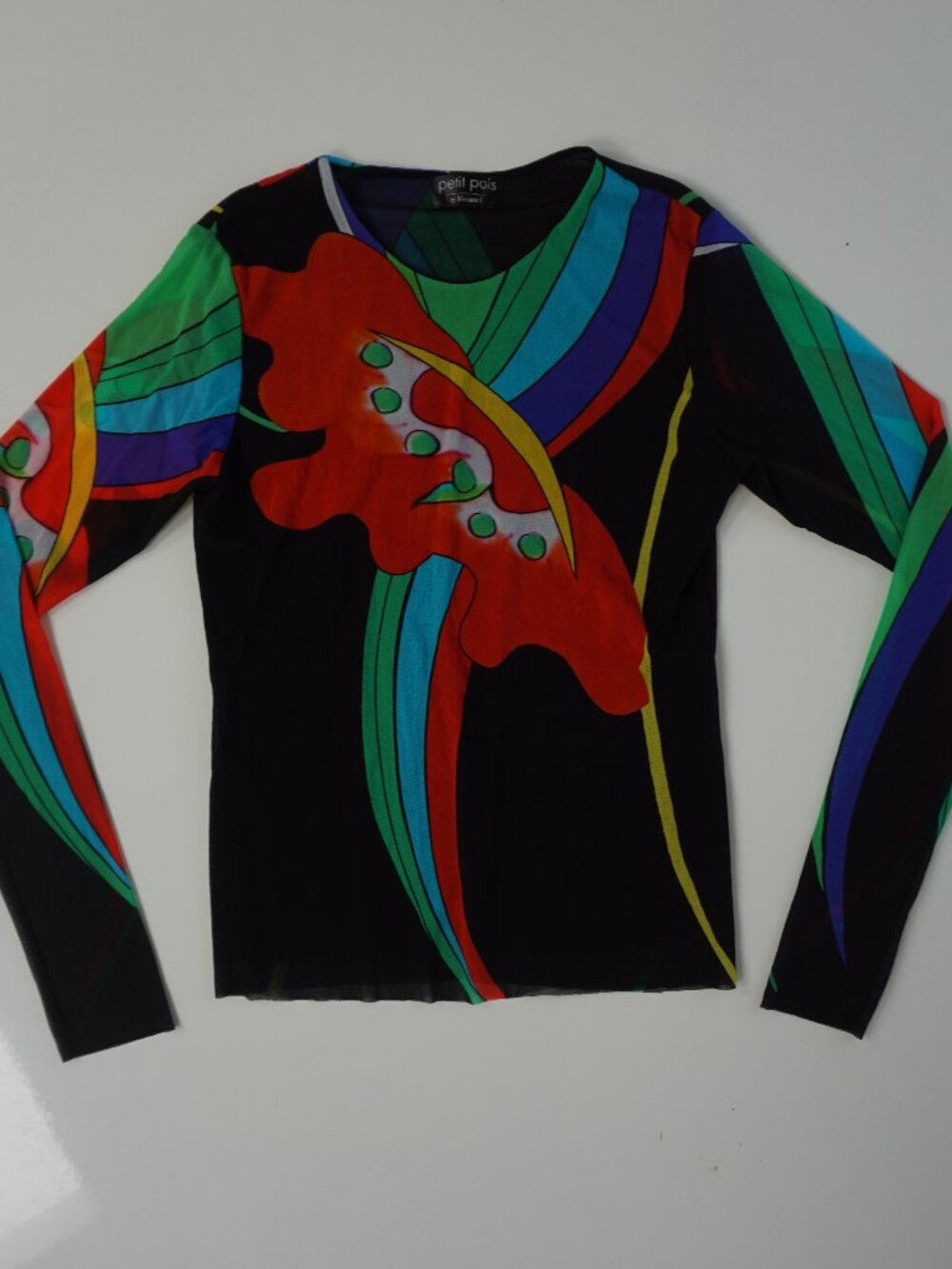 Vintage Petit Pois Abstract Floral Stripe Graphic Mesh Long Sleeve S